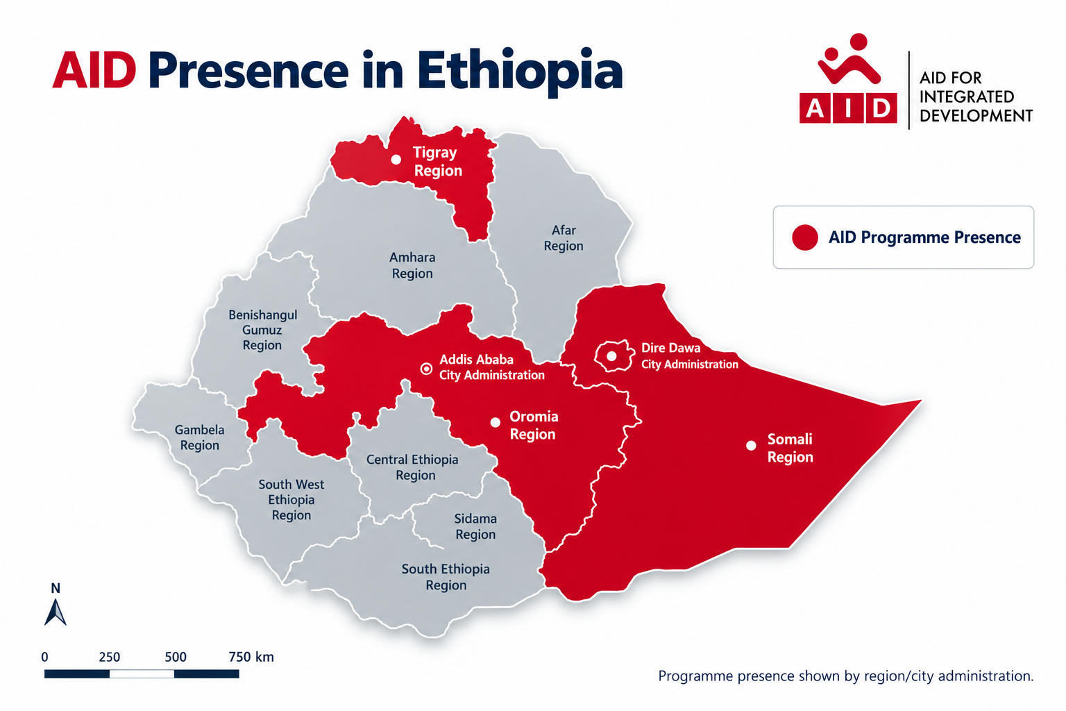 Map of the Ethiopian regions where AID operates